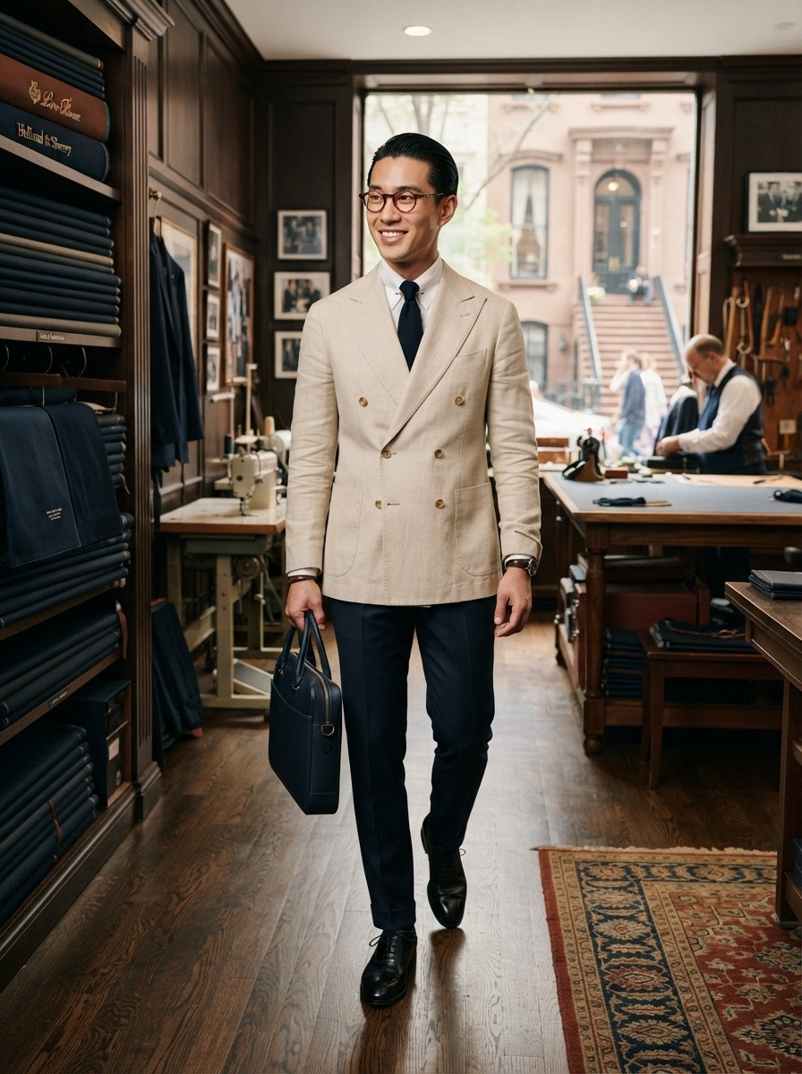 SKIPIKS AIファッション写真 — business, formal, classic — ベージュのブレザーとネイビーのスラックスの組み合わせで洗練されたビジネスルックを完成させました。ネイビーのネクタイとスーツシューズで清潔感をプラスし、デイリーオ
