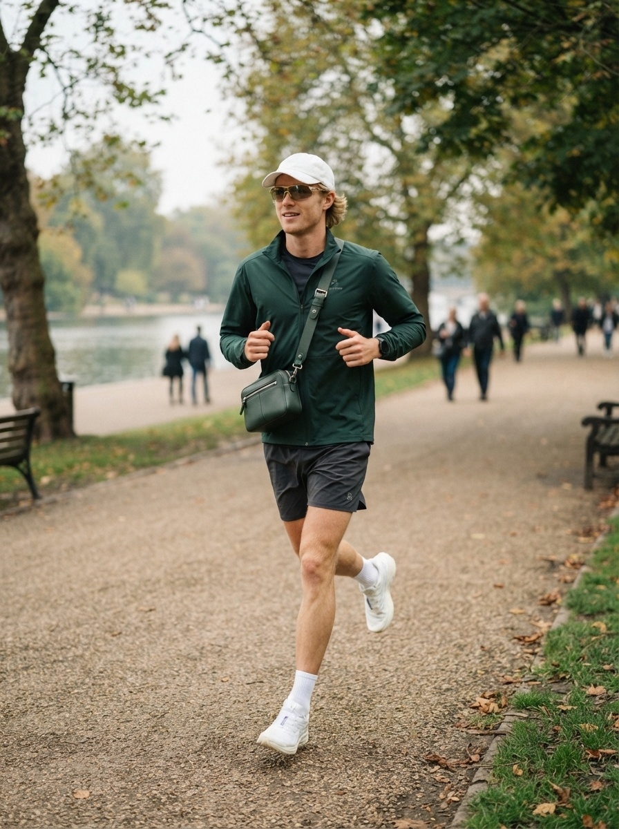 SKIPIKS AIファッション写真 — athleisure, casual, sporty — アクティブなスポーティーな秋のルックが際立っています。緑のジャケットとグレーのショートパンツを組み合わせて、快適でスタイリッシュなジョギングスタイルを完成させま