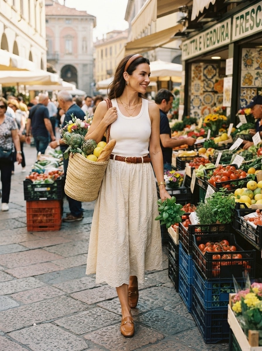 SKIPIKS AI fashion editorial — feminine, casual — A charming classic summer look featuring a light-toned lace skirt and a white ta