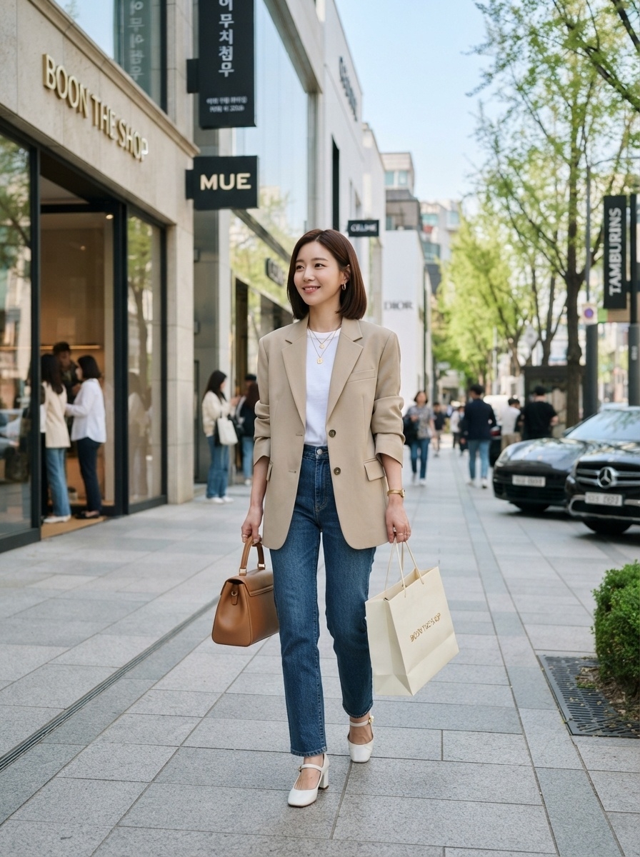 SKIPIKS AIファッション写真 — chic, casual — ベージュのブレザーとジーンズがクリーンで洗練されたムードを演出します。ブラウンのハンドバッグとホワイトのメリージェーンシューズを合わせてスタイルにアクセントを加