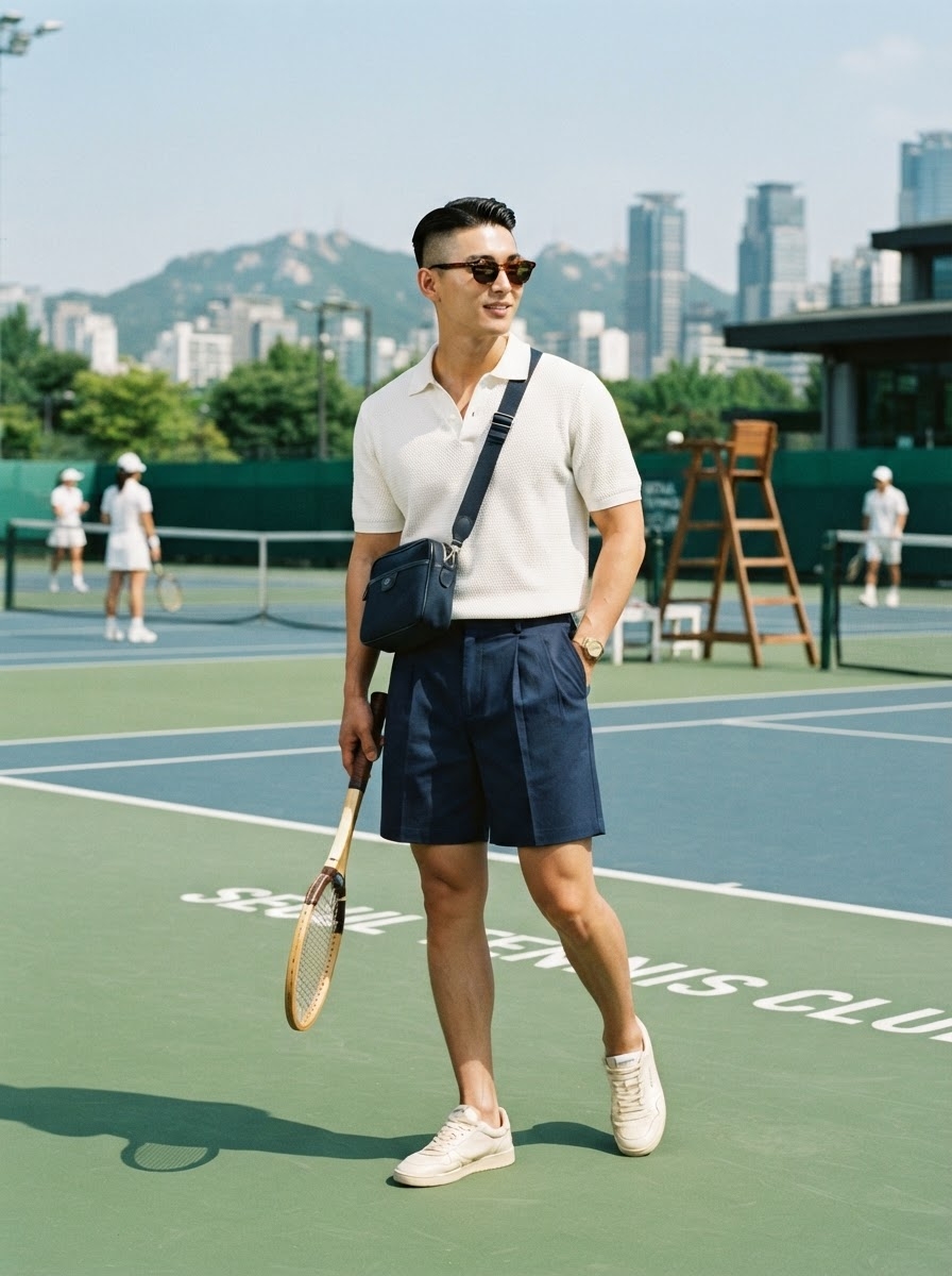 SKIPIKS AI 패션 화보 — preppy, sporty, classic — 깔끔한 화이트 폴로 셔츠와 네이비 반바지가 세련된 테니스 코트를 연상시키며 클래식한 매력을 발산해요. 스니커즈와 크로스백으로 편안함을 더하면서도