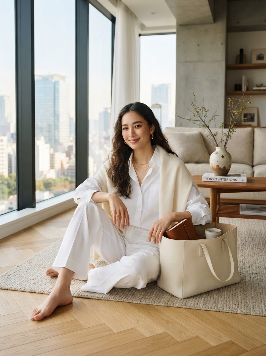SKIPIKS AI 패션 화보 — minimalist, chic — 화이트 컬러의 셔츠와 팬츠가 깔끔하고 세련된 느낌을 자아냅니다. 크림 컬러의 스웨터와 토트백을 함께 매치하면 우아한 무드가 완성돼요. 누구에게나