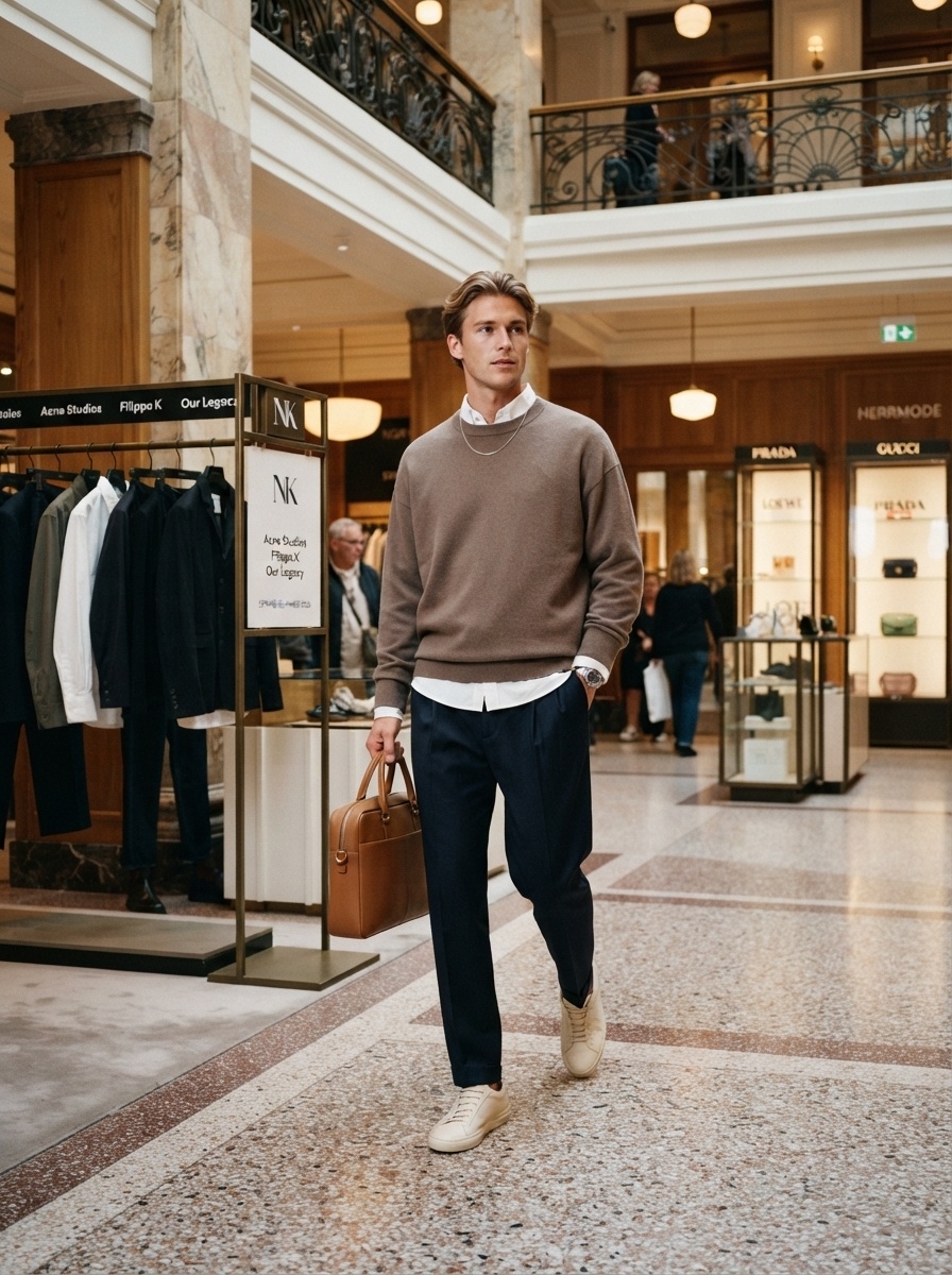 SKIPIKS AI 패션 화보 — business_casual, elegant — 베이지 스웨터와 네이비 슬랙스 조합이 우아한 룩을 완성합니다. 브라운 서류 가방으로 비즈니스 캐주얼 스타일에 포인트를 주어 보세요. 가을 시즌,