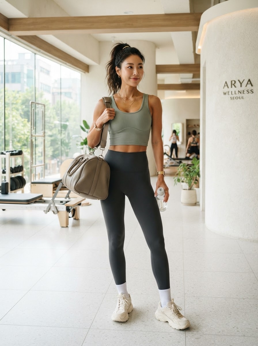 SKIPIKS AIファッション写真 — athleisure, minimalist — トレンディなアスレジャールックはスポーティなムードを引き立てます。カーキのクロップトップとブラックレギンスのクリーンな組み合わせが印象的で、ベージュのダッフルバ