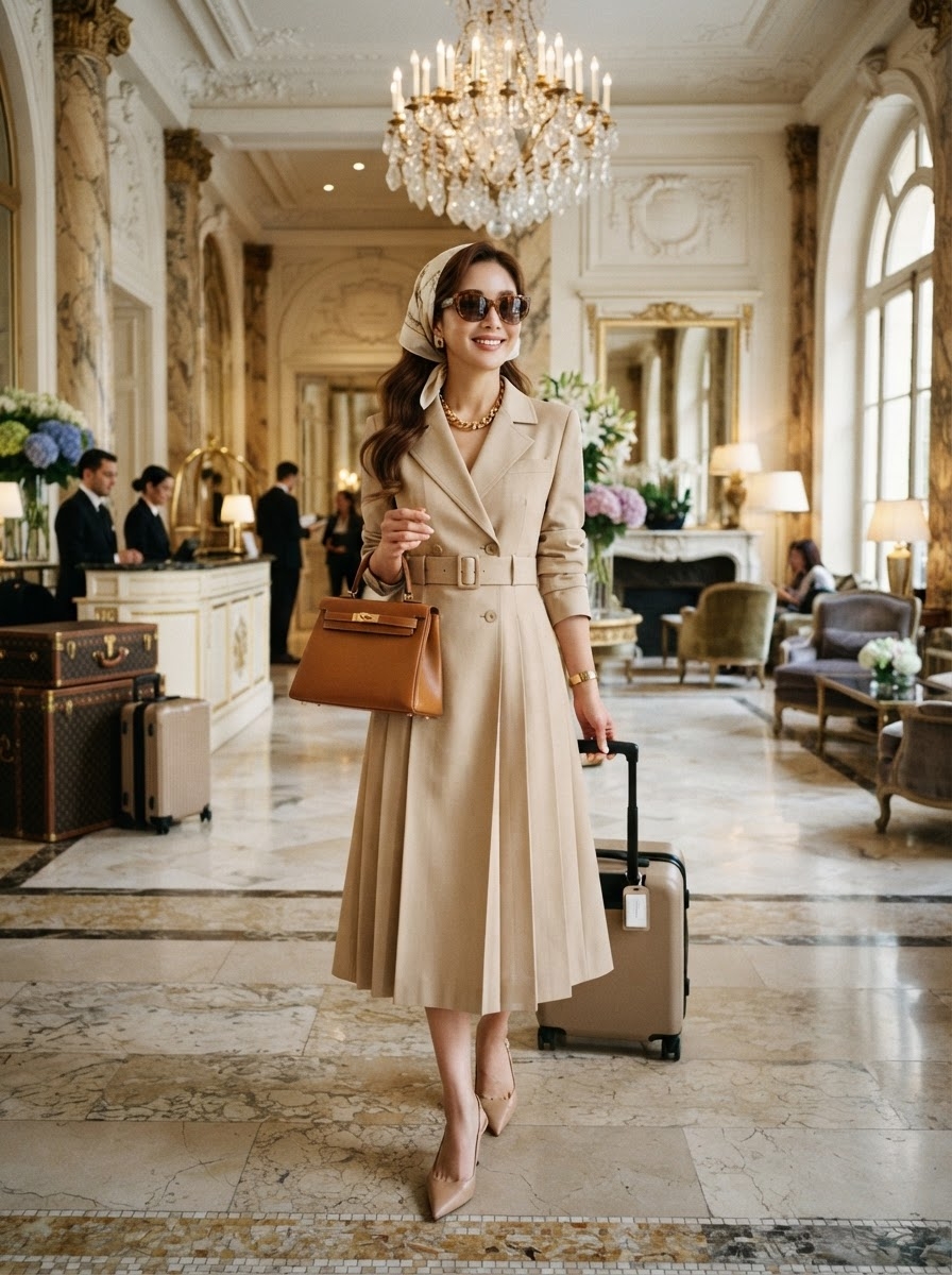 SKIPIKS AI fashion editorial — classic, elegant, feminine — This beige long trench coat exudes elegant luxury. Pair it with gold accessories