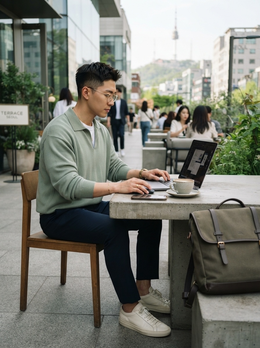 SKIPIKS AI 패션 화보 — minimalist, business_casual — 연녹색 니트 스웨터와 네이비 슬랙스의 조합이 부드러운 봄의 무드를 연출해보세요. 여기에 화이트 스니커즈로 경쾌한 느낌을 더하고, 카키색 백팩으로