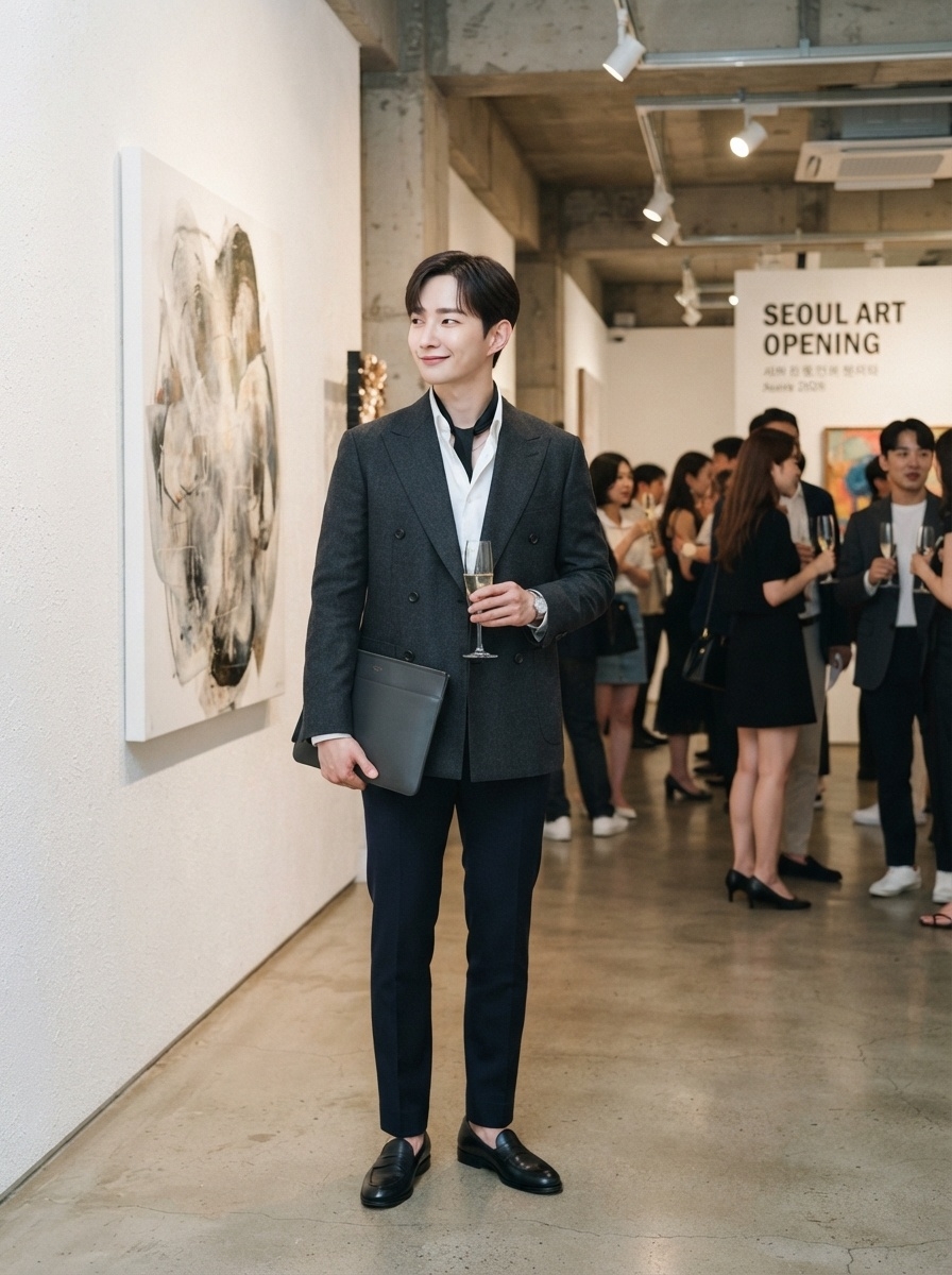 SKIPIKS AI 패션 화보 — modern, business, minimalist — 차분한 차콜 그레이 블레이저와 화이트 셔츠의 조화로 고급스러운 무드를 완성했어요. 세련된 네이비 슬랙스와 블랙 로퍼를 매치해 시크한 캠퍼스나 비