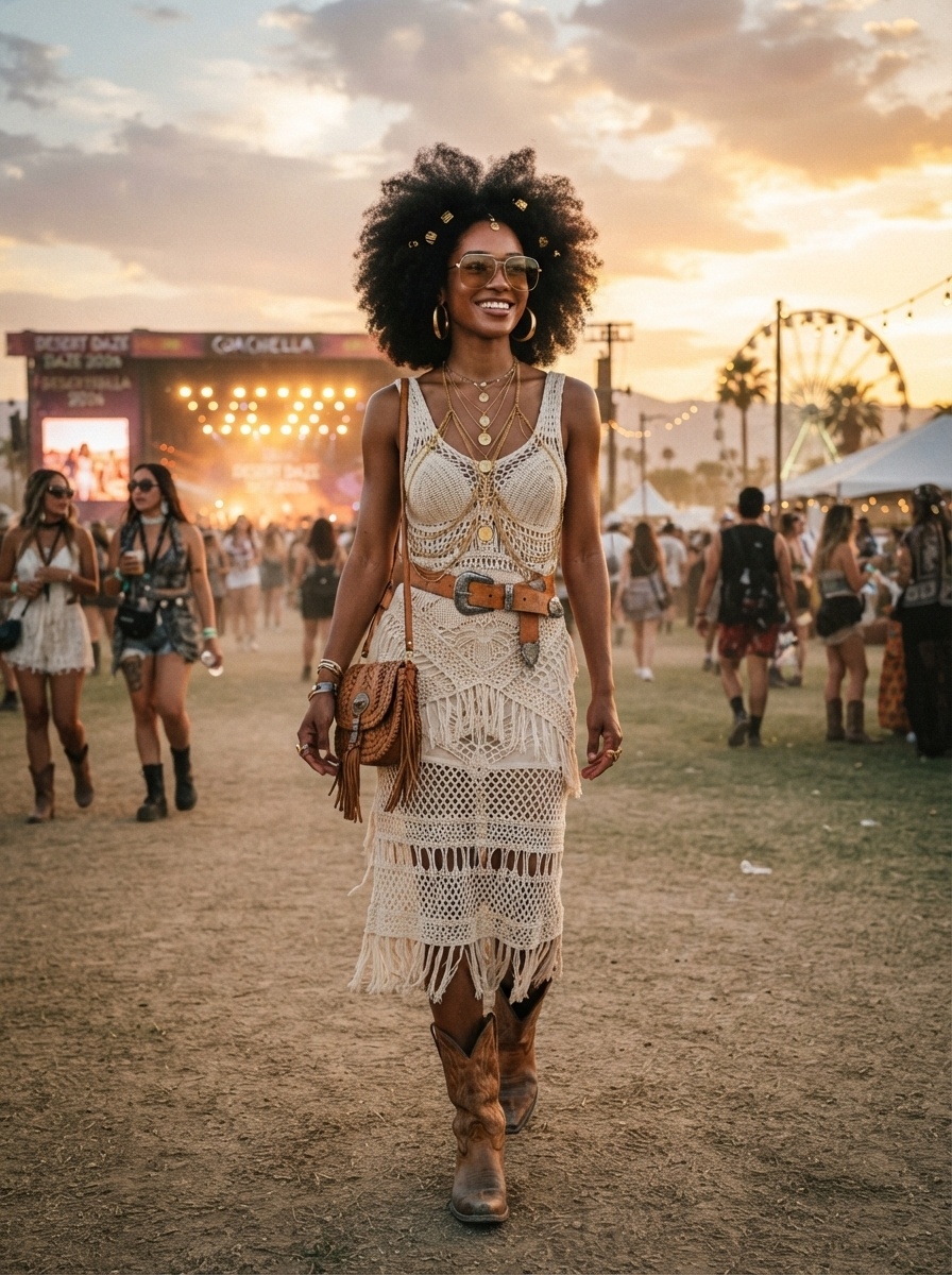 SKIPIKS AI fashion editorial — bohemian, festival — This crochet dress exudes a chic vintage vibe. The beige dress features a relaxe