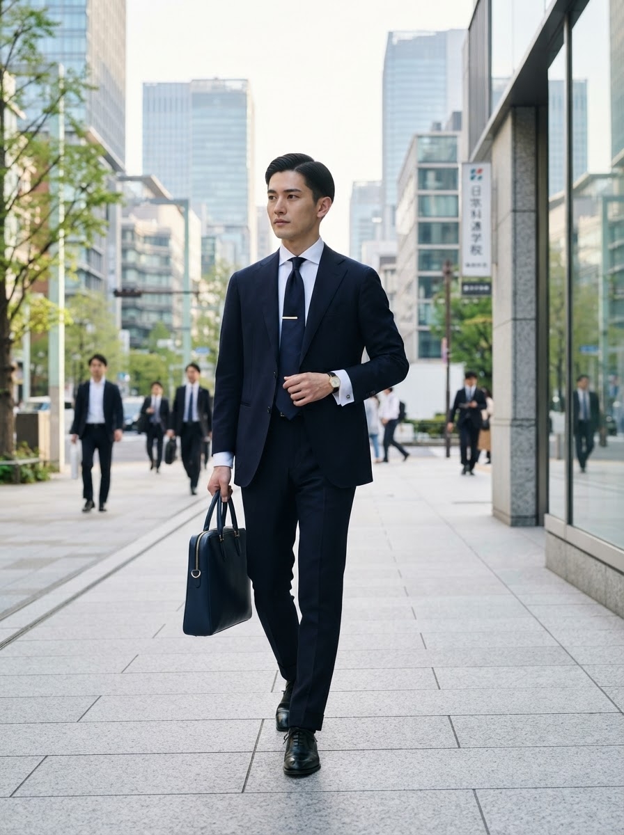 SKIPIKS AI 패션 화보 — formal, professional — 고급스러운 네이비 컬러의 수트는 시크하고 세련된 분위기를 연출해보세요. 화이트 셔츠와 깔끔한 넥타이로 클래식한 포인트를 더할 수 있습니다. 오피