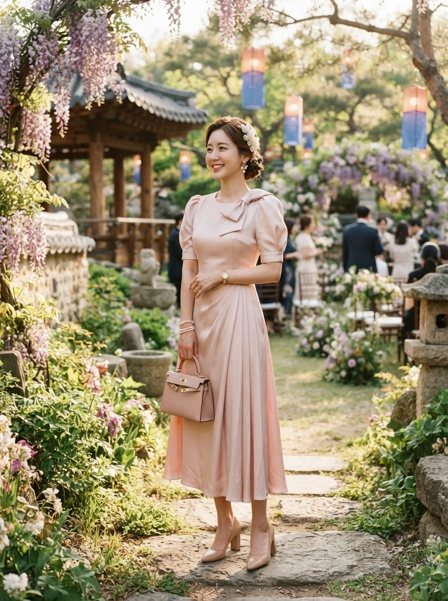 SKIPIKS AI时尚大片 — feminine, elegant — 柔和的粉色连衣裙突显优雅的轮廓，营造出女性化的氛围。搭配经典的米色手袋和高跟鞋，增添奢华感。这种迷人的风格非常适合婚礼或特别活动。
