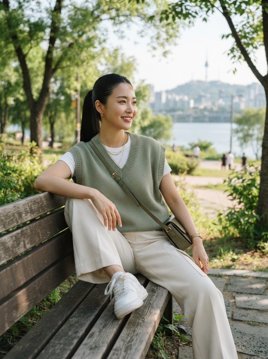 SKIPIKS AIファッション写真 — casual, minimalist — オリーブグリーンのニットベストとホワイトの半袖Tシャツの組み合わせが、爽やかでありながら洗練されたムードを演出します。ワイドパンツとホワイトスニーカーを合わせて