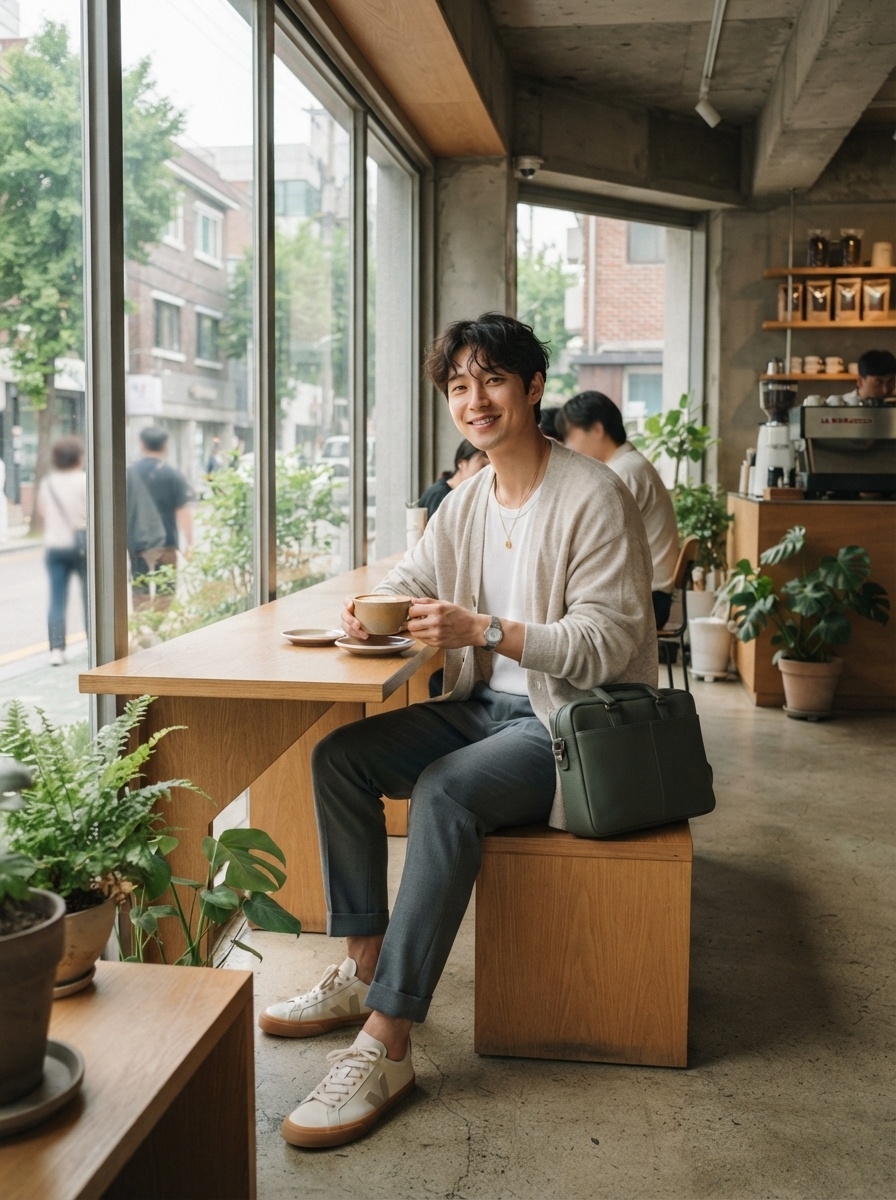 SKIPIKS AI 패션 화보 — smartcasual, minimalist — 베이지색 가디건과 흰 티셔츠의 레이어링이 편안하면서도 세련된 멋을 보여줍니다. 여기에 회색 슬랙스와 베이지 스니커즈를 매치해 미니멀한 감각을 완