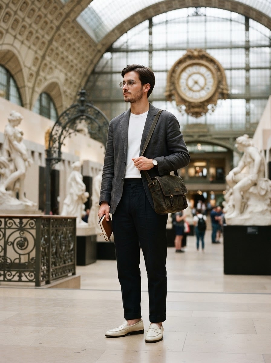 SKIPIKS AIファッション写真 — minimalist, modern, smartcasual — グレーのブレザーと白いTシャツが調和のとれたクリーンな印象を与えます。ベージュのローファーを加えてモダンな感覚をプラスしましょう。オフィスやフォーマルな場でも洗