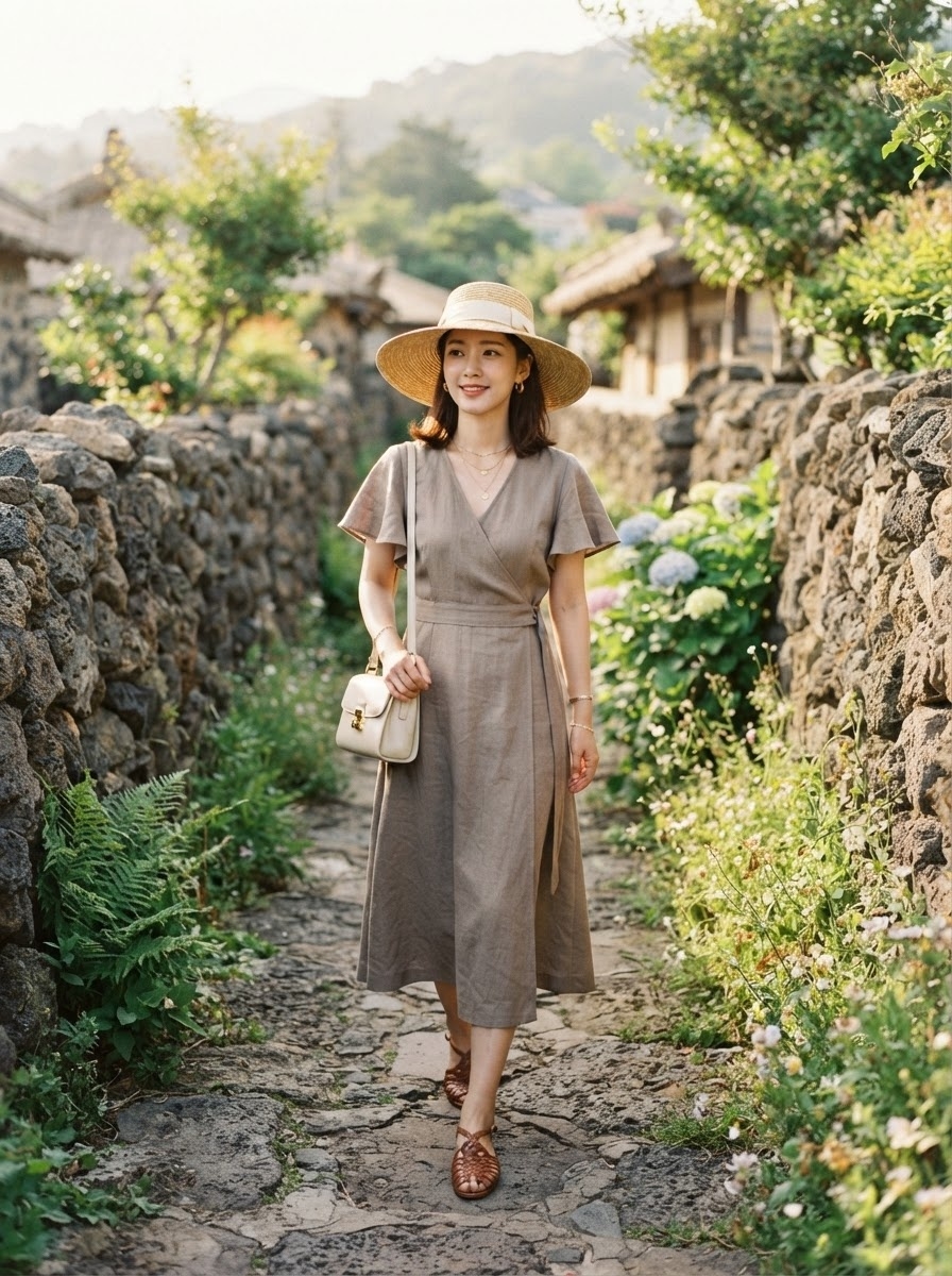 SKIPIKS AI 패션 화보 — casual, feminine, bohemian — 자연 속에서 더 돋보이는 카키 린넨 원피스 룩은 시원하면서도 우아한 분위기를 연출해보세요. 햇볕을 막아주는 스트로 햇과 편안한 샌들을 매치해 여