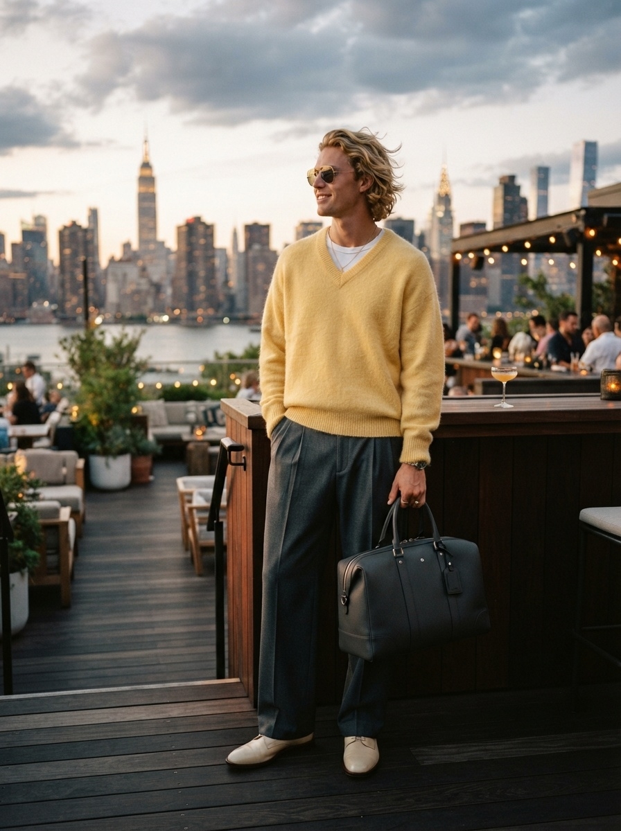 SKIPIKS AI fashion editorial — modern, chic, minimalist — The combination of a warm yellow sweater and gray slacks exudes a stylish and so