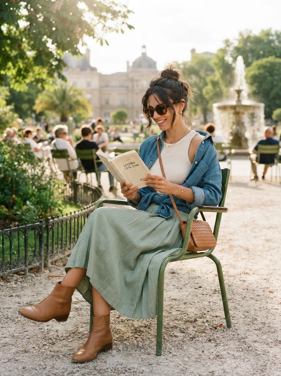 SKIPIKS AI fashion editorial — casual, feminine, bohemian — This look features perfect layering for a soft casual vibe. The combination of a