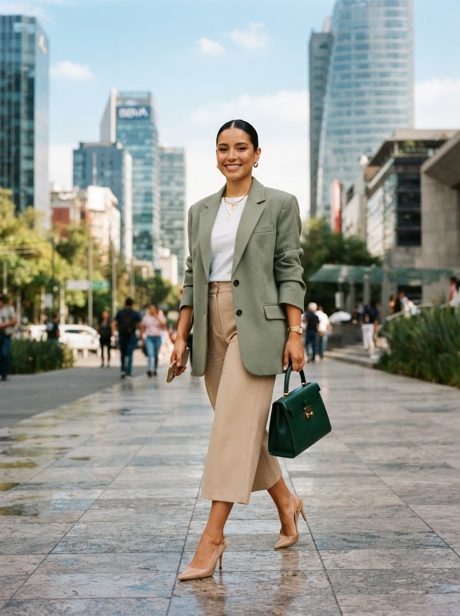SKIPIKS AIファッション写真 — minimalist, chic — ライトグリーンのブレザーとベージュのスラックスで、モダンかつ洗練された雰囲気を演出しましょう。ホワイトのTシャツとゴールドのアクセサリーを加えることで、より高級