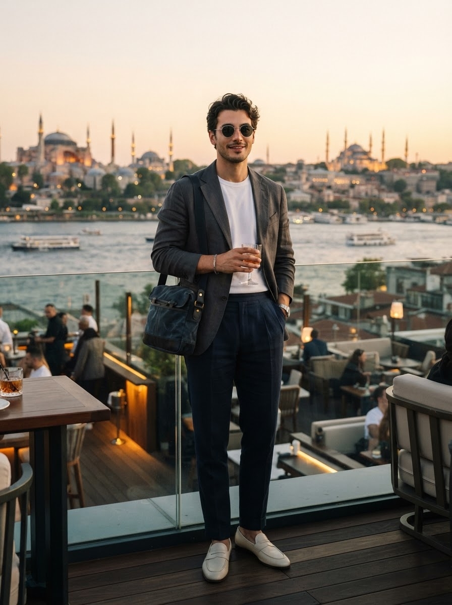 SKIPIKS AI fashion editorial — minimalist, sophisticated — The combination of a luxurious gray blazer and navy slacks exudes a modern yet e