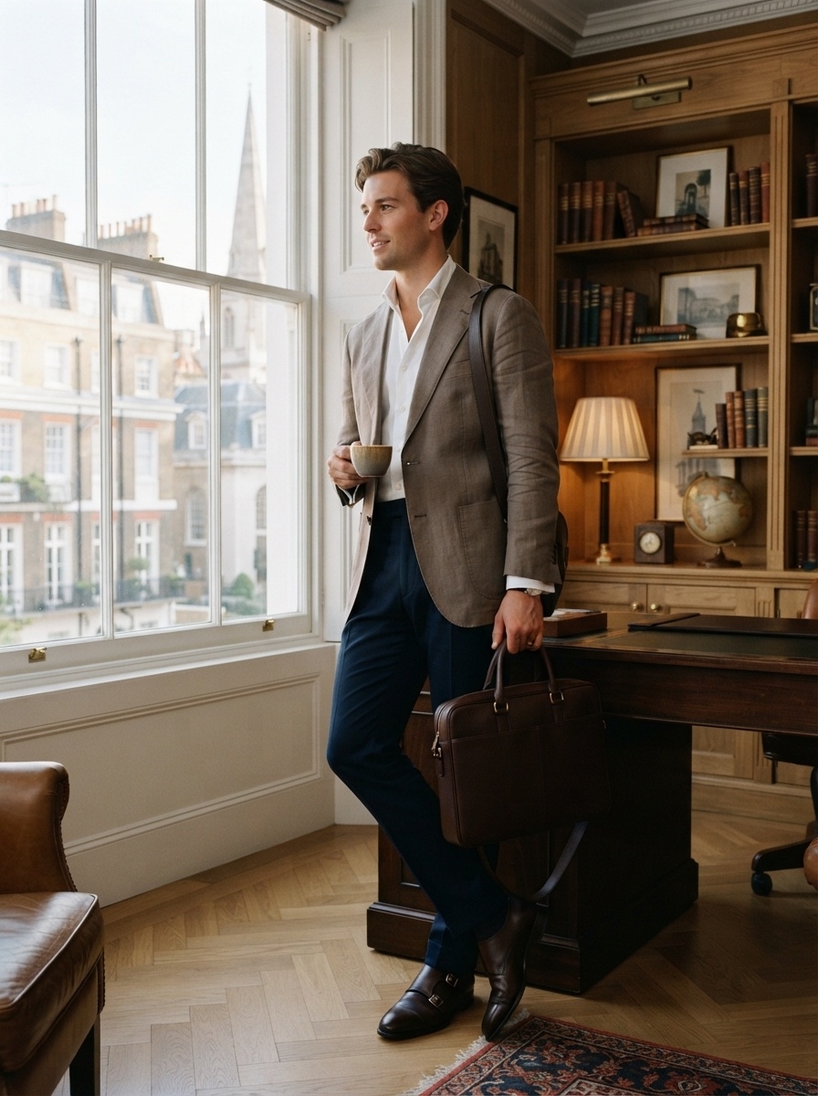 SKIPIKS AI 패션 화보 — classic, smart_casual, dandy — 브라운 톤의 블레이저와 화이트 셔츠로 클래식하고 세련된 무드를 연출해보세요. 네이비 슬랙스와 다크 브라운 몽크 스트랩 구두가 깔끔한 마무리를 돕