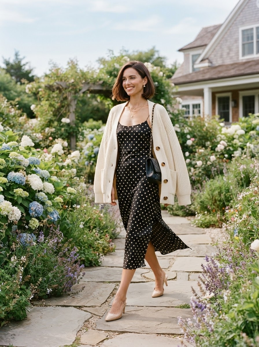 SKIPIKS AIファッション写真 — feminine, elegant — ドットパターンの楽しい魅力が際立つルックで、アイボリーのカーディガンが柔らかなポイントを加えます。ドレスの女性らしいシルエットとカーディガンの調和が絶妙で、ベー