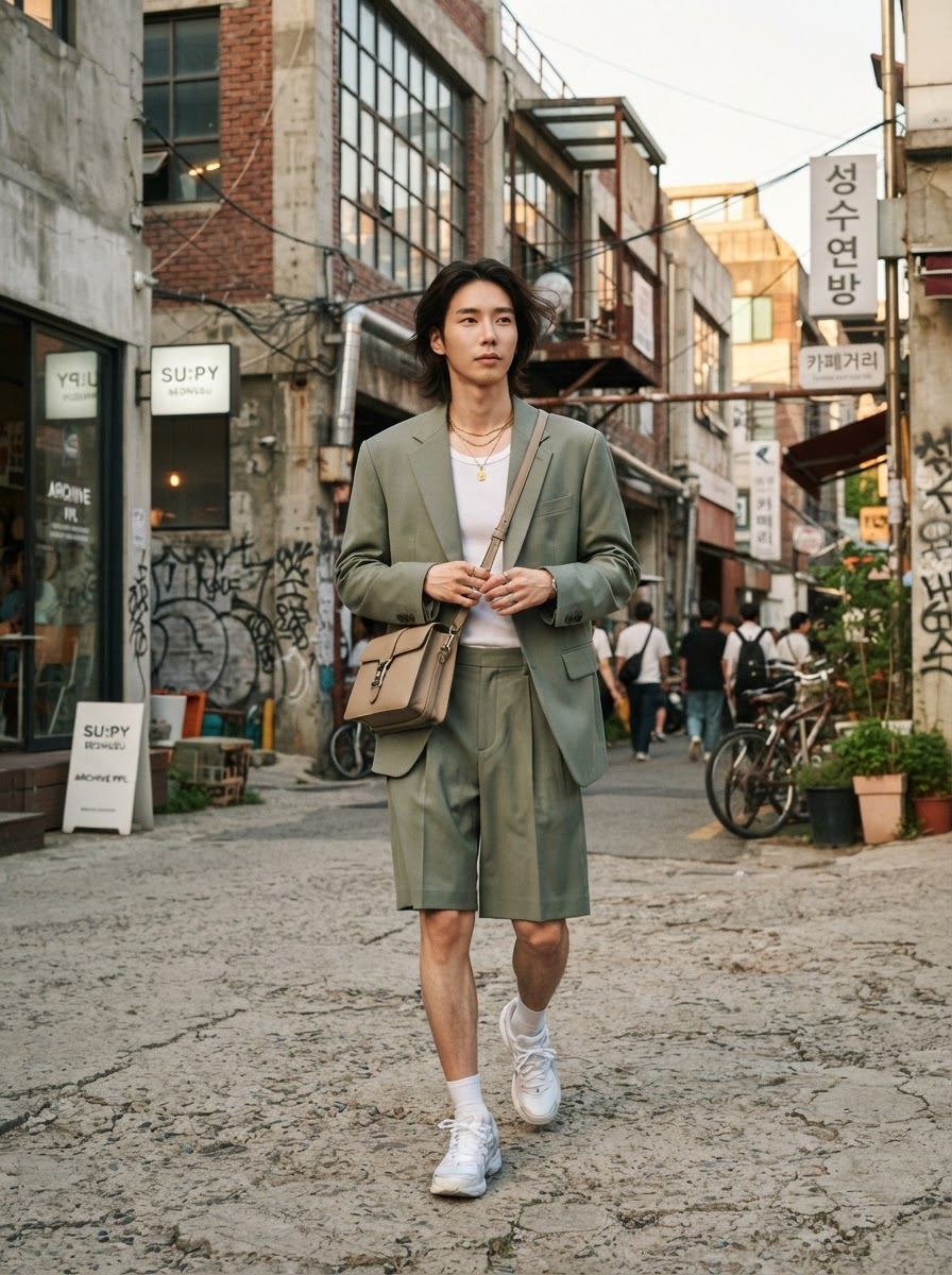 SKIPIKS AI 패션 화보 — streetwear, modern — 세련된 카키 컬러의 셋업이 눈길을 끄는 룩입니다. 가벼운 반바지와 흰 티셔츠로 쾌적하면서도 스타일리시하게 연출했어요. 데일리로는 물론 여름 데이