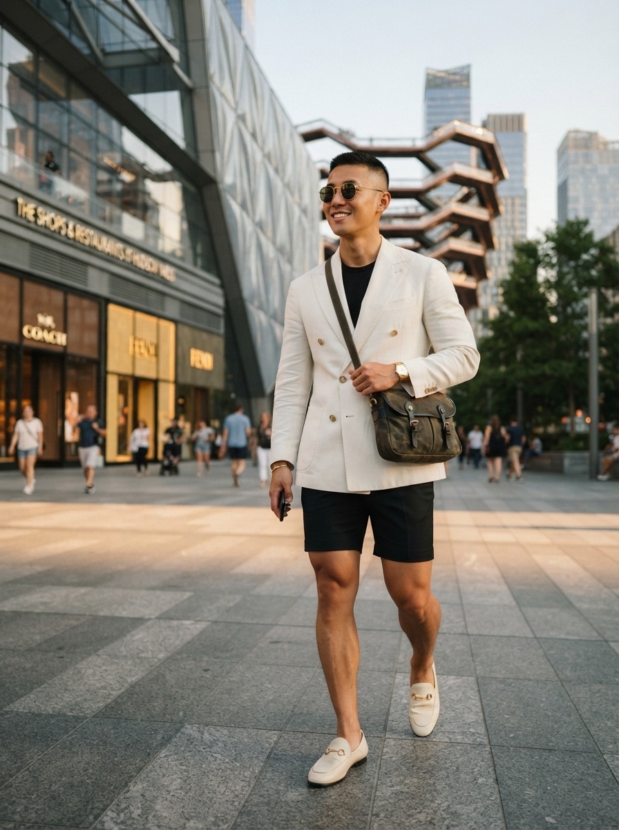 SKIPIKS AI 패션 화보 — casual, chic — 아이보리 더블 브레스티드 재킷이 여름 도시 패션의 세련된 무드를 자아내요. 네이비 쇼츠와 베이지 로퍼를 매치해 가볍고 편안한 느낌을 완성하세요.