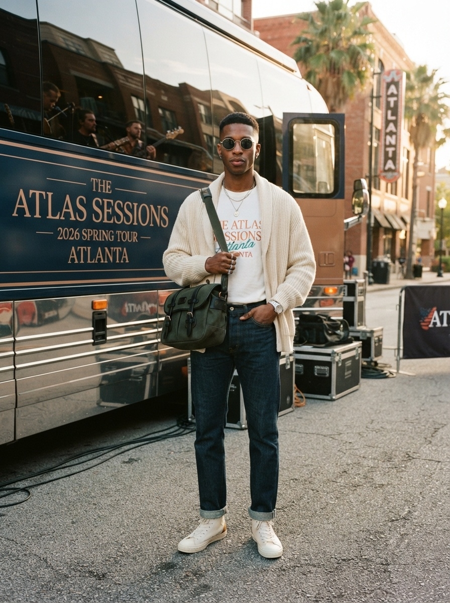 SKIPIKS AI fashion editorial — casual, streetwear — The combination of an ivory knit cardigan and a printed t-shirt creates a stylis