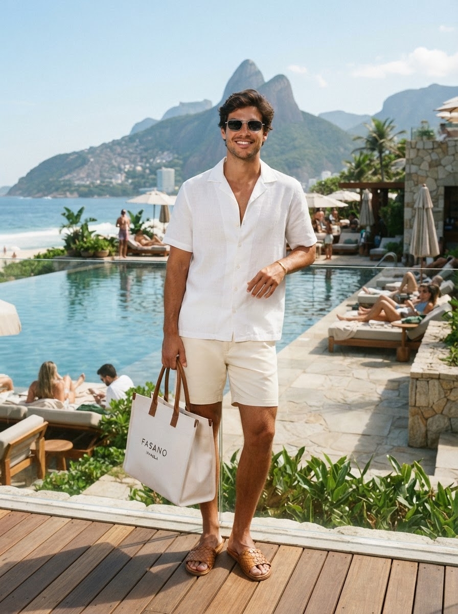 SKIPIKS AI fashion editorial — minimalist, casual — Create a natural and clean summer beach look. A bright white shirt paired with b