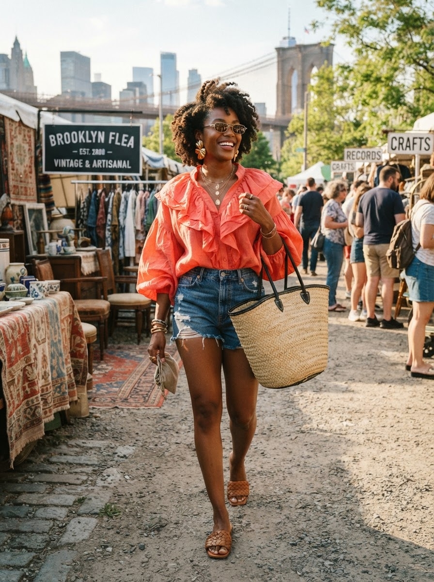 SKIPIKS AI 패션 화보 — vintage, bohemian, casual — 산뜻하고 경쾌한 주황색 블라우스가 눈길을 사로잡는 룩이에요. 프릴 디테일이 여성스러움을 강조하며, 데님 숏팬츠와의 조화가 경쾌합니다. 라피아 토