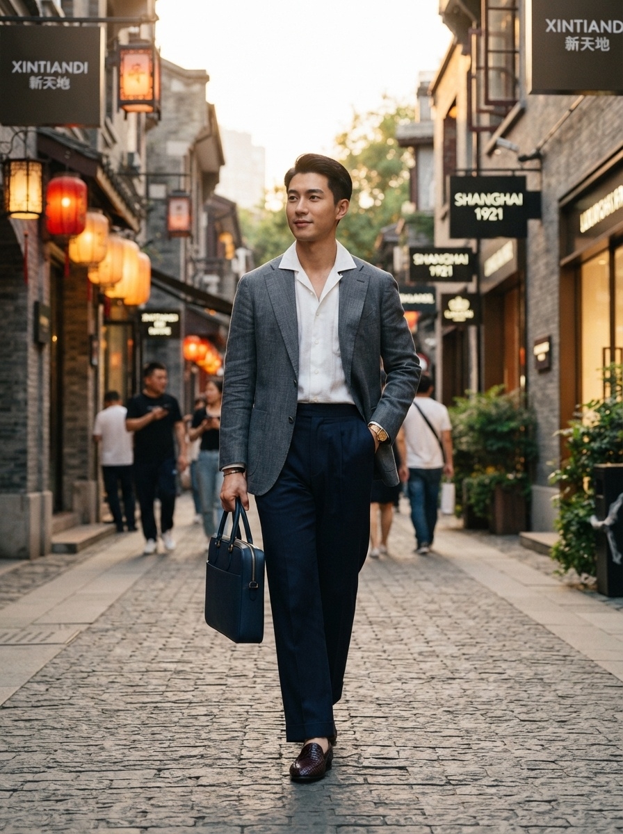 SKIPIKS AI 패션 화보 — business_casual, sophisticated — 세련된 회색 재킷과 흰색 셔츠의 조화가 깔끔하면서도 고급스러운 분위기를 연출해요. 네이비 바지와 서류가방을 매치해 비즈니스 캐주얼 스타일을 완성