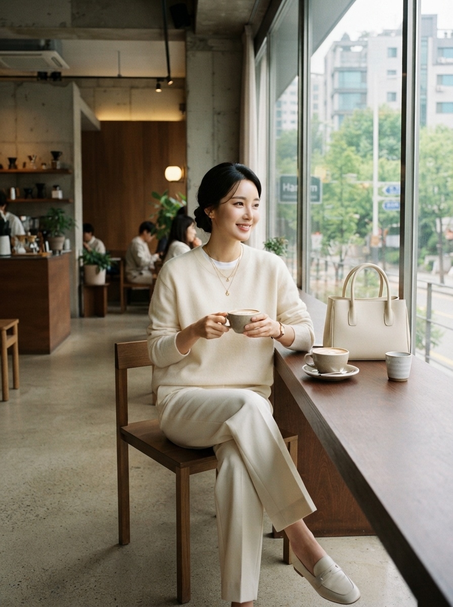 SKIPIKS AI 패션 화보 — minimalist, feminine — 크림색의 부드러운 색감으로 편안하고 따뜻한 무드를 완성해보세요. 니트 스웨터와 슬림한 슬랙스의 조합은 우아하면서도 실용적입니다. 가벼운 로퍼와 