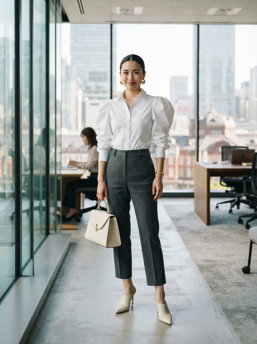 SKIPIKS AI时尚大片 — professional, elegant — 白色衬衫与灰色长裤的组合打造出优雅的办公室造型。衬衫蓬松的袖子成为亮点，增添了优雅感，而金色配饰则带来奢华感。搭配干练的高跟鞋，这一风格非常适合重要会议或通勤时