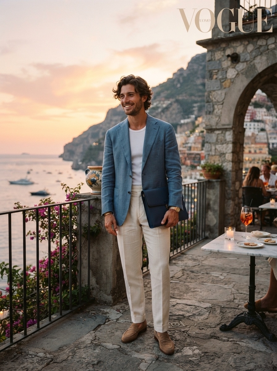 SKIPIKS AI fashion editorial — smartcasual, sophisticated — This is a chic summer look completed with a blue blazer and cream pants. Pair it