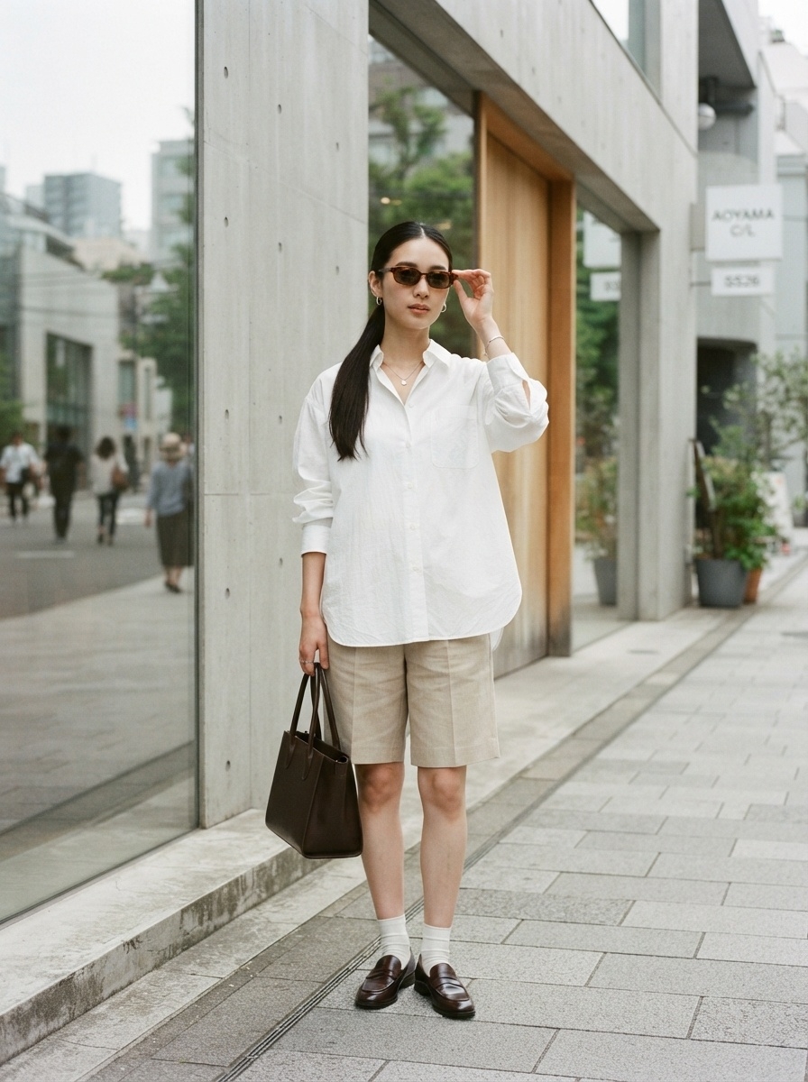 SKIPIKS AI时尚大片 — minimalist, classic — 白衬衫与米色短裤的搭配营造出清新而都市的氛围。宽松衬衫提供舒适的轮廓，而经典乐福鞋则增添了优雅的收尾。强烈推荐作为夏季城市日常穿搭。