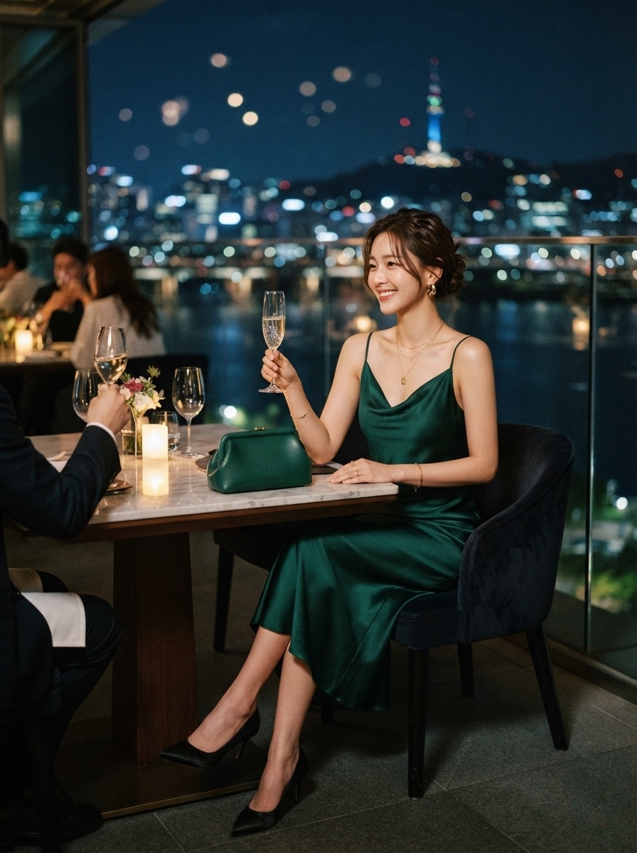 SKIPIKS AI fashion editorial — elegant, evening, feminine — The luxurious green slip dress creates an elegant silhouette. Pair it with gold 