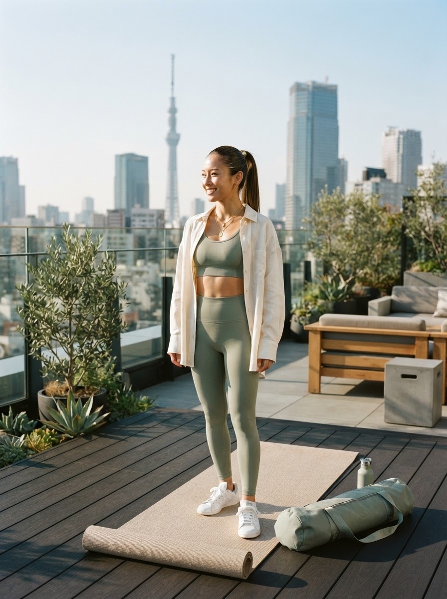 SKIPIKS AI fashion editorial — athleisure, casual — The khaki-colored athleisure look, paired with a refreshing city view, adds a st