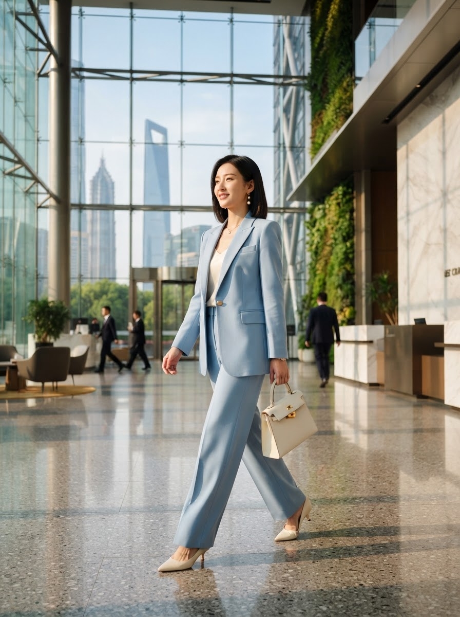 SKIPIKS AI时尚大片 — professional, chic — 天蓝色西装外套和长裤的组合打造出优雅清新的办公室造型。搭配奶油色高跟鞋和手袋，完美的色彩平衡，再加上银色耳环作为点缀。推荐在春天的商务会议或研讨会上展现自信的风