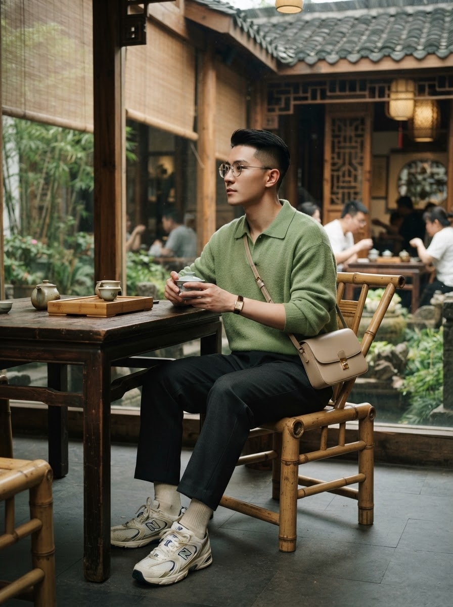 SKIPIKS AI 패션 화보 — casual, smart — 연두색 니트 폴로와 검정 슬랙스의 조화가 깔끔하면서도 세련된 무드를 연출합니다. 크로스백과 스니커즈로 편안한 분위기를 더해보세요. 가을 카페 데