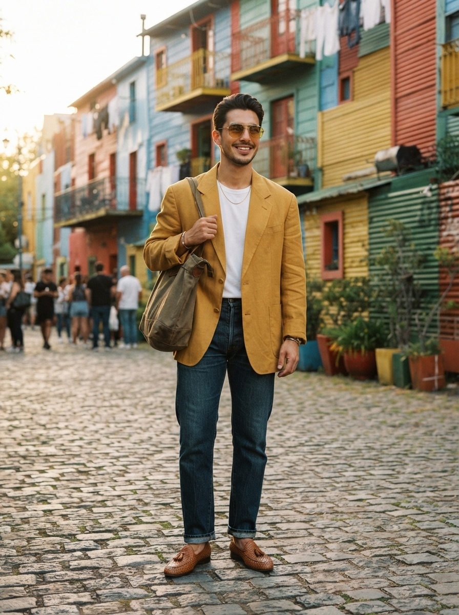 SKIPIKS AI时尚大片 — casual, smart, vintage — 黄色夹克与牛仔裤的搭配打造出时尚的春季造型。搭配白色T恤和棕色乐福鞋，增添整洁感。适合轻松出行或休闲商务会议。