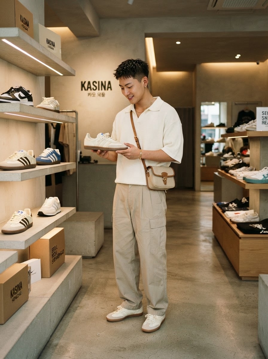 SKIPIKS AI fashion editorial — casual, minimalist — Create a calm yet polished look with beige cargo pants and a cream short-sleeve 