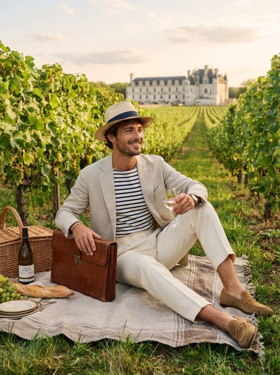 SKIPIKS AIファッション写真 — elegant, french, preppy — ストライプシャツとベージュのブレザーがエレガントで洗練された雰囲気を醸し出します。ストローハットと軽やかなローファーを合わせて、爽やかで軽快な夏のスタイルを提案