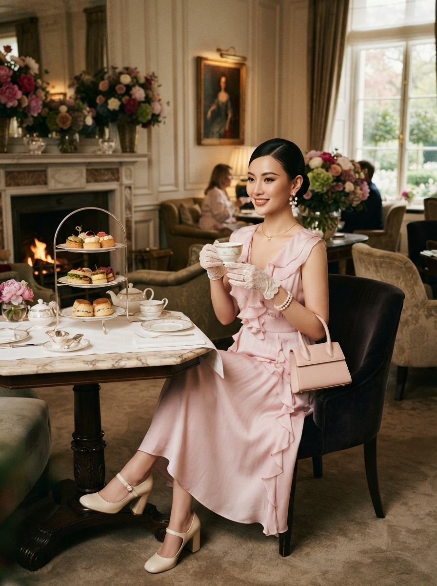 SKIPIKS AI 패션 화보 — feminine, elegant — 부드러운 핑크 드레스가 우아하고 로맨틱한 무드를 완성합니다. 진주 귀걸이와 레이스 장갑으로 고급스러운 포인트를 주고, 크림 컬러의 메리제인 구두