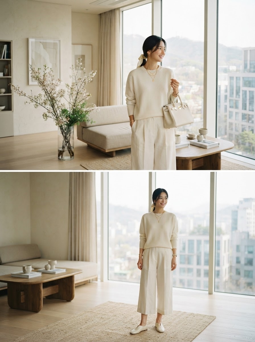 SKIPIKS AI 패션 화보 — feminine, minimalist — 부드러운 베이지 톤의 니트 스웨터와 와이드 팬츠로 여유롭고 우아한 분위기를 연출해보세요. 볼드한 골드 목걸이와 크림색 머리끈으로 포인트를 줘 전