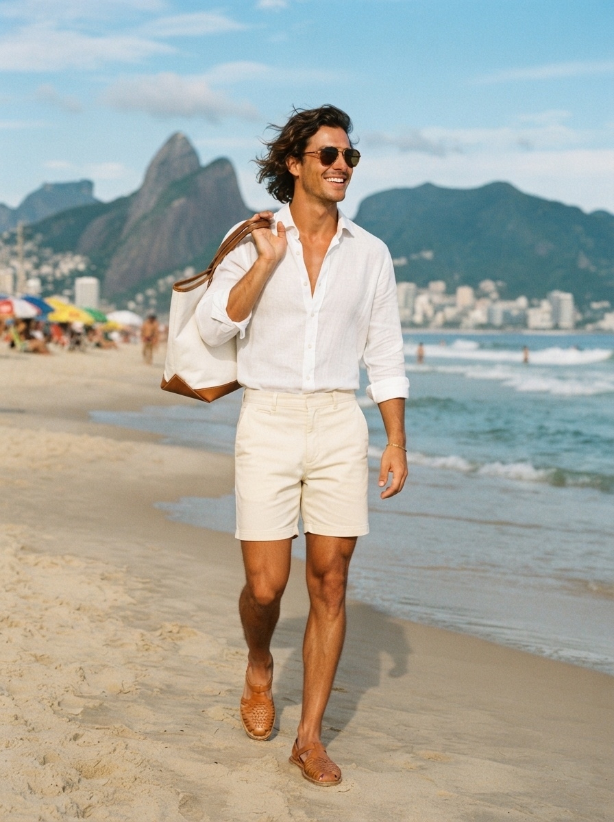 SKIPIKS AI 패션 화보 — coastal, casual — 바닷가의 시원한 바람을 느끼게 하는 깔끔한 화이트 셔츠와 베이지 반바지가 완벽하게 어우러진 룩입니다. 선글라스와 캔버스 백을 매치해 세련됨을 더