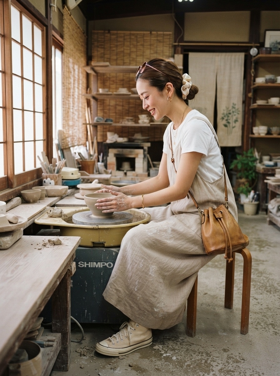 SKIPIKS AI 패션 화보 — casual, feminine, natural — 린넨 원피스와 화이트 티셔츠의 조합이 매력적인 내추럴 무드를 자아내요. 크로스백과 하이탑 스니커즈를 함께 매치하여 편안하고 캐주얼한 스타일을 완