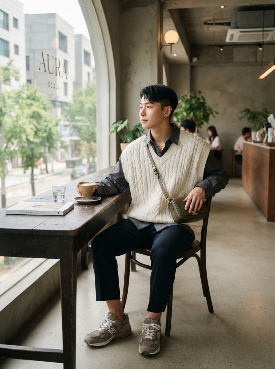 SKIPIKS AI 패션 화보 — minimalist, casual, contemporary — 니트 조끼와 셔츠의 조화가 따뜻하면서도 세련된 분위기를 연출해요. 신발과 가방을 간결하게 매치하여 깔끔한 포인트를 더해보세요. 카페나 도심에서 