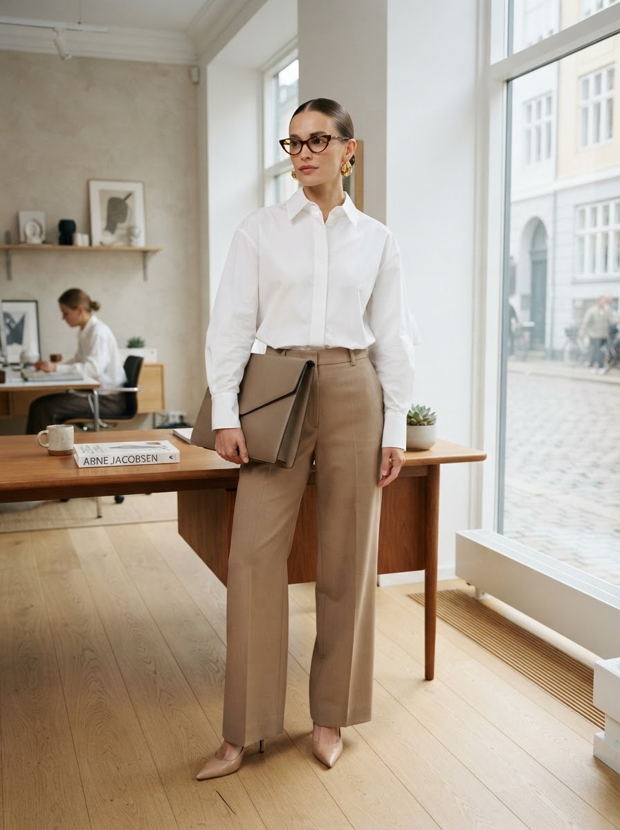 SKIPIKS AI fashion editorial — classic, office, formal — This look features a clean and modern silhouette with a harmonious blend of beig