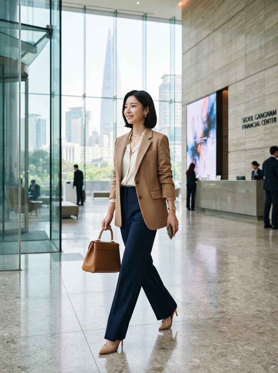 SKIPIKS AI fashion editorial — formal, chic, modern — Create a sophisticated atmosphere with the classic combination of brown and navy
