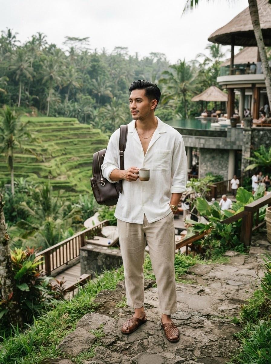 SKIPIKS AI时尚大片 — casual, vacation, chic — 白衬衫与米色裤子的搭配营造出清爽的夏季风格。搭配棕色凉鞋和背包，增添自然悠闲的氛围。这是度假或日常造型的完美选择。