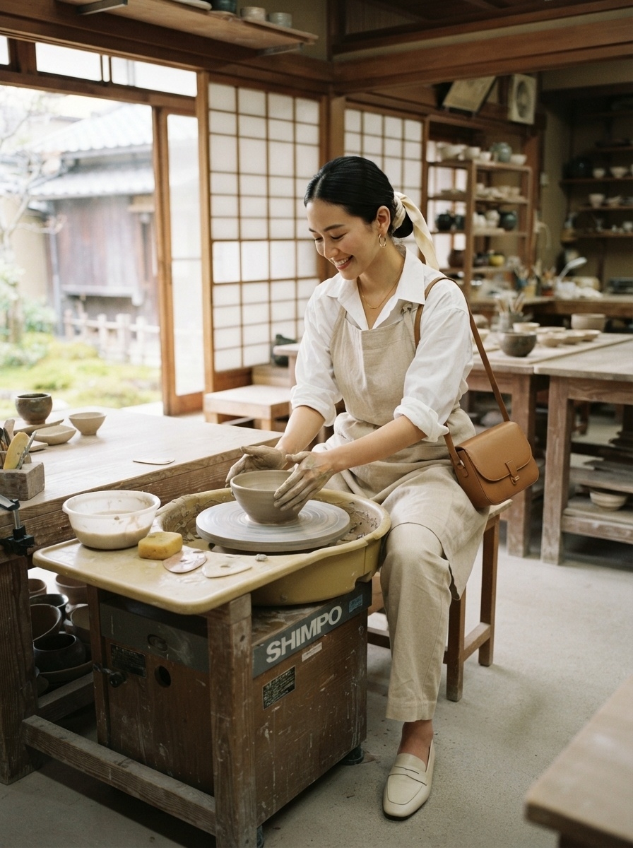 SKIPIKS AI 패션 화보 — minimalist, casual, artisanal — 편안한 베이지 톤의 앞치마와 크림색 로퍼로 완성된 내추럴한 무드가 느껴지는 룩이에요. 심플한 셔츠와 팬츠 조합으로 다양한 상황에 어울릴 수 있어